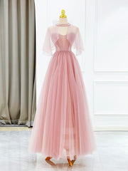 Bridesmaid Dresses For Girls, Pink Tulle Long Prom Dress with Beaded, Lovely A-Line Evening Dress