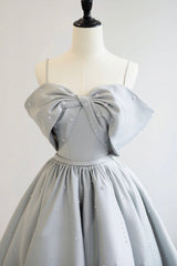 Prom Dresses Mermaid, Gray Satin Long A-Line Prom Dress, Off the Shoulder Evening Dress with Pearls