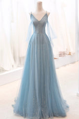 Party Dress Formal, Blue Spaghetti Strap Tulle Long Prom Dress, V-Neck Evening Party Dress