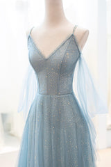 Party Dress Shops Near Me, Blue Spaghetti Strap Tulle Long Prom Dress, V-Neck Evening Party Dress