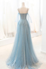 Party Dress Shop Near Me, Blue Spaghetti Strap Tulle Long Prom Dress, V-Neck Evening Party Dress