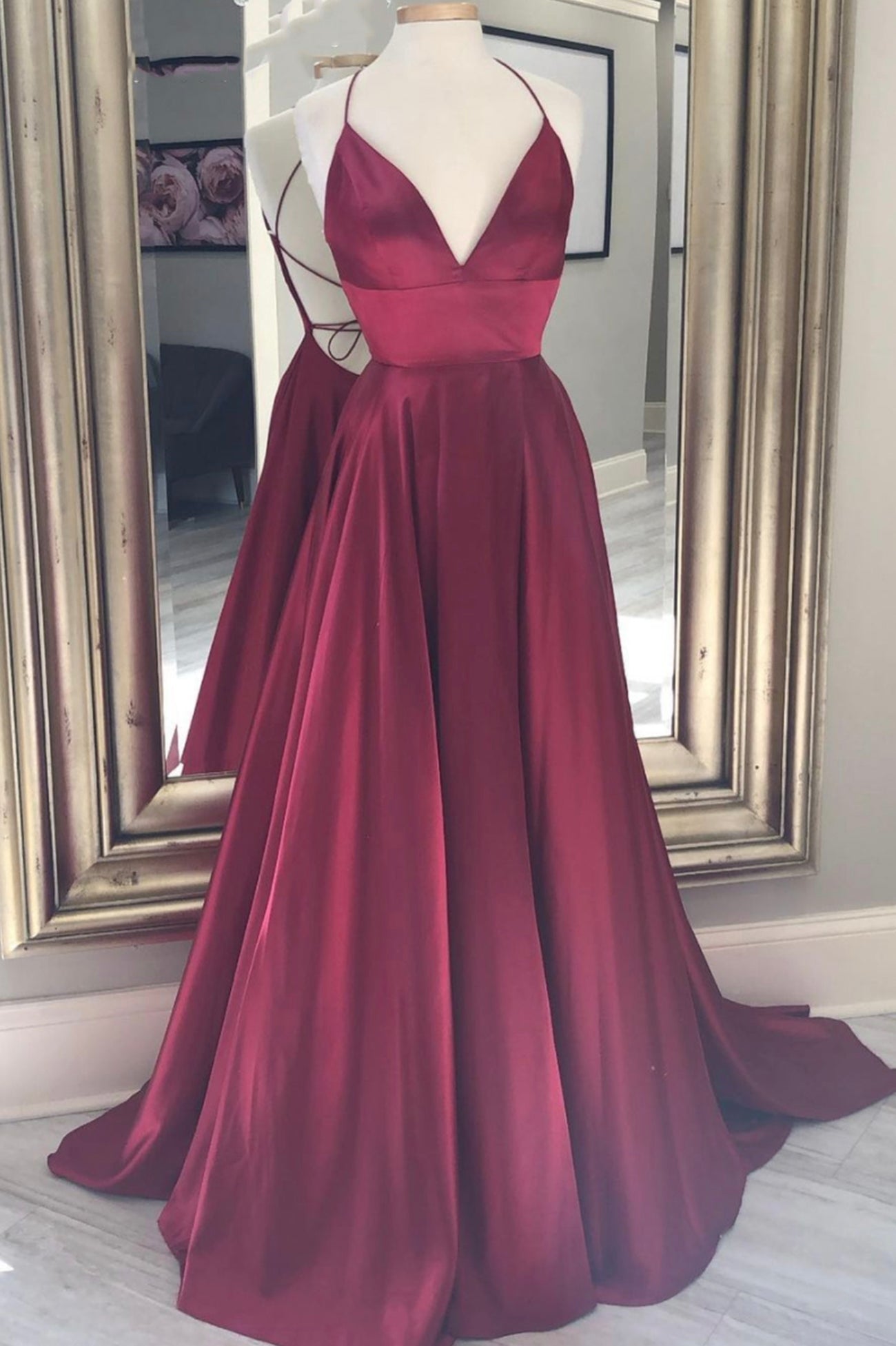 Formal Dress On Sale, Burgundy Satin Long Prom Dresses, A-Line Backless Evening Dresses