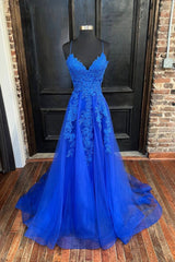 Chic Dress Classy, Blue V-Neck Tulle Long Prom Dresses, Elegant A-Line Lace Evening Dresses