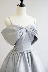 Prom Dresses V Neck, Gray Satin Long A-Line Prom Dress, Off the Shoulder Evening Dress with Pearls