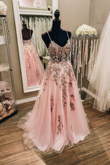 Bridesmaids Dresses Orange, Pink Tulle Lace Long Prom Dresses, Lovely A-Line Evening Dresses