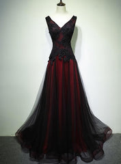 Evening Dress Long, Gorgeous Black And Red V Neckline Tulle Beaded Prom Dress, Long Evening Gown