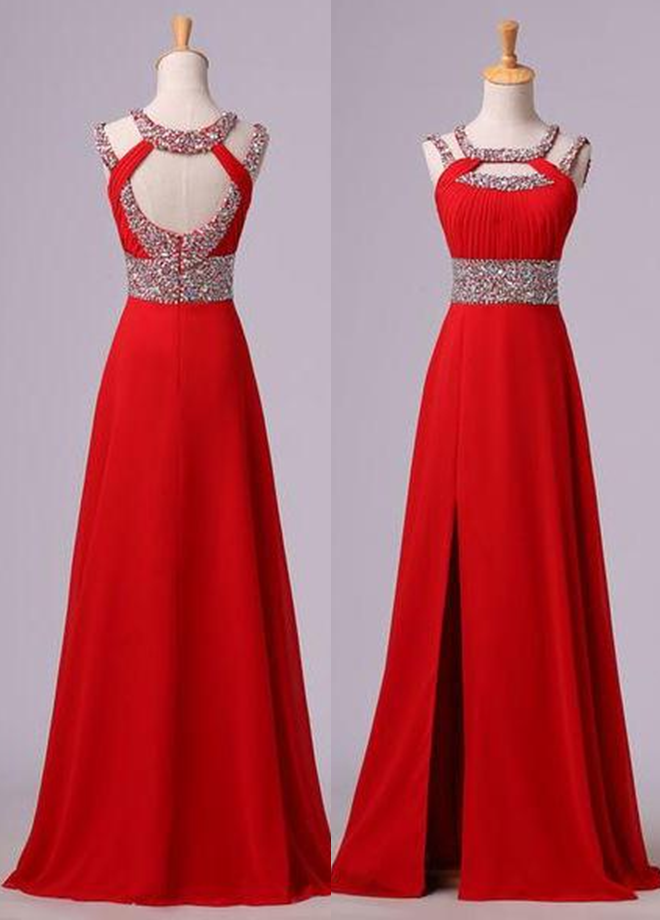 Bridesmaides Dresses Long, 2024 Gorgeous Red Beading Open Back Chiffon Prom Dresses