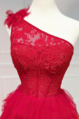 Party Dress Store, Red Tulle Lace Long Prom Dresses, One Shoulder Evening Dresses