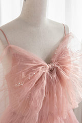 Bridesmaid Dresses Blues, Pink Tulle Beaded Long Prom Dress, A-Line Evening Dress with Bow