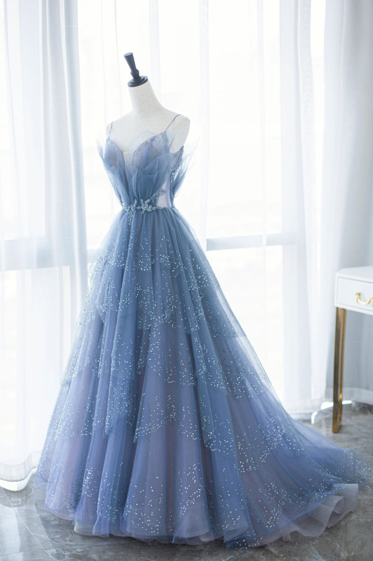 Party Dress Indian, Blue Tulle Long A-Line Prom Dresses, Blue Evening Dresses with Beaded