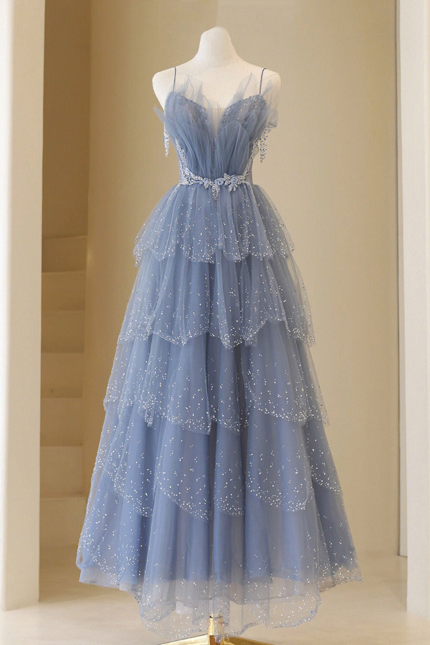 Party Dress For Teenage Girl, Blue Tulle Layers Straps Beaded Long Prom Dress, Blue A-Line Evening Dress