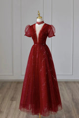 Formal Dress To Attend Wedding, Burgundy Tulle Sequins Tea Length Prom Dress, A-Line Evening Dress