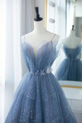 Party Dress Long Sleeve, Blue Tulle Long A-Line Prom Dresses, Blue Evening Dresses with Beaded