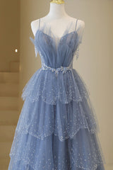 Party Dress Black, Blue Tulle Layers Straps Beaded Long Prom Dress, Blue A-Line Evening Dress