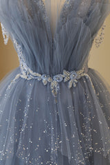 Party Dresses Summer Dresses, Blue Tulle Layers Straps Beaded Long Prom Dress, Blue A-Line Evening Dress