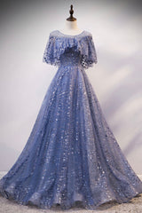 Party Dress For Girl, Blue Tulle Sequins Long Prom Dress, A-Line Blue Evening Dress