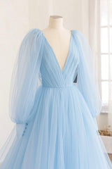 Prom Dress Pink, Blue V-Neck Tulle Long Prom Dress, Long Sleeve A-Line Evening Party Dress