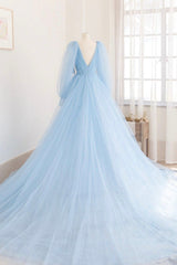 Dress Aesthetic, Blue V-Neck Tulle Long Prom Dress, Long Sleeve A-Line Evening Party Dress