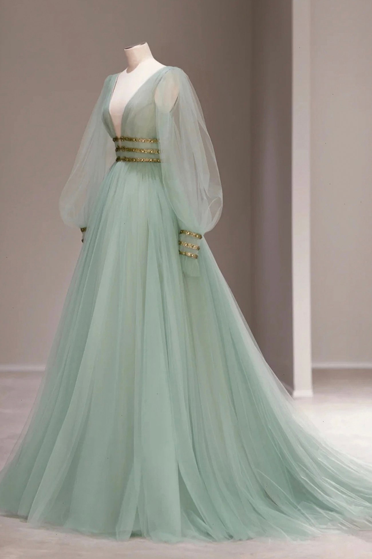 Prom Dress Light Blue, Green V-Neck Tulle Long Prom Dress, Long Sleeve Evening Dress