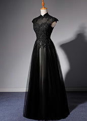 Party Dresses With Boots, Elegant High Neckline Black Evening Dress, Tulle With Lace Applique Prom Dress
