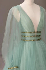 Prom Dress Country, Green V-Neck Tulle Long Prom Dress, Long Sleeve Evening Dress