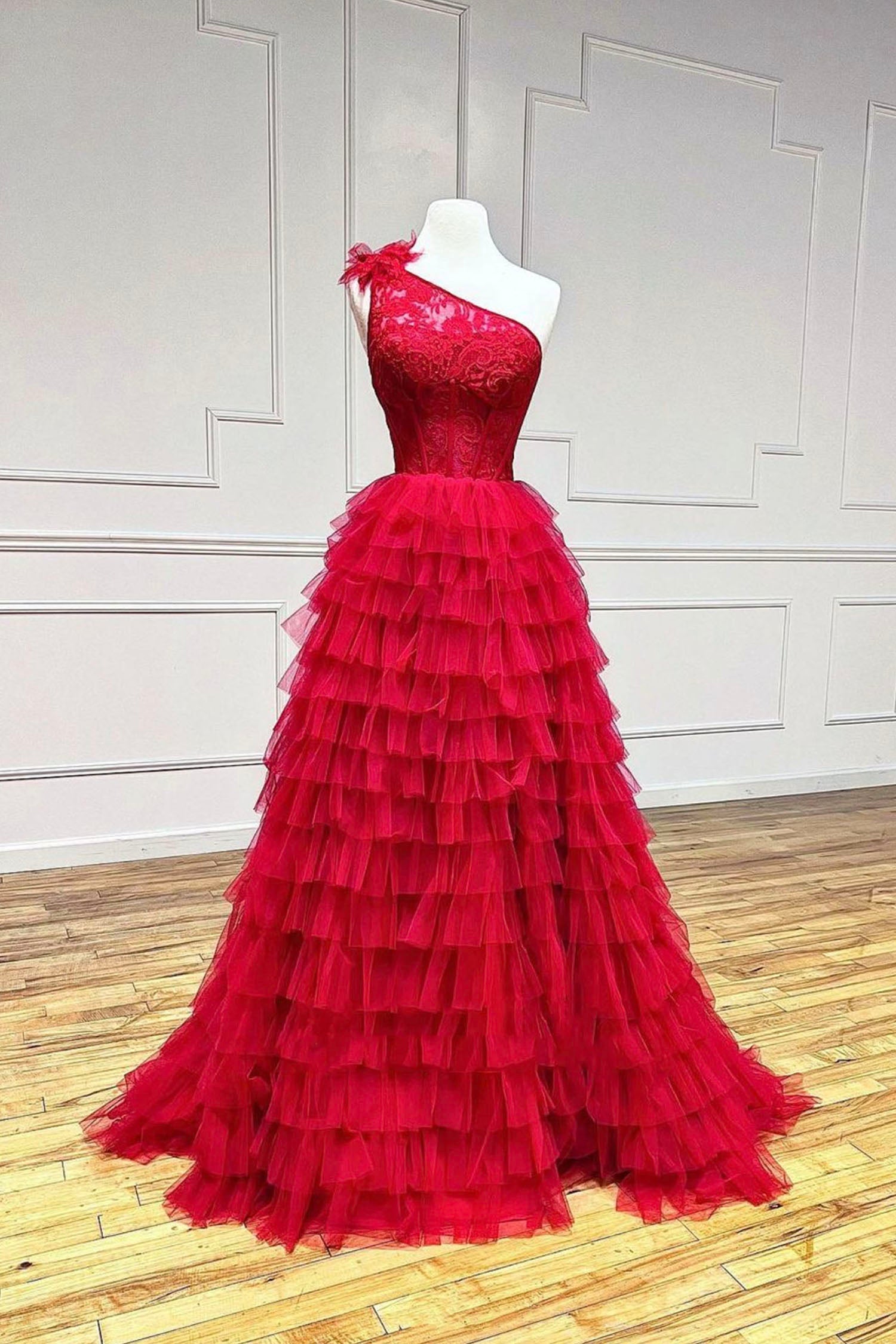 Party Dress Stores, Red Tulle Lace Long Prom Dresses, One Shoulder Evening Dresses