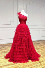 Party Dress Stores, Red Tulle Lace Long Prom Dresses, One Shoulder Evening Dresses