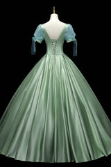 Prom Dress With Shorts, Green Satin Long A-Line Ball Gown, Green Short Sleeve Evening Gown