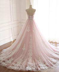 Homecoming Dress Styles, Pink Sweetheart Lace Tulle Long Prom Dress, Lace Pink Evening Dress