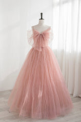 Bridesmaid Dress Blue, Pink Tulle Beaded Long Prom Dress, A-Line Evening Dress with Bow