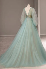 Prom Dress Champagne, Green V-Neck Tulle Long Prom Dress, Long Sleeve Evening Dress