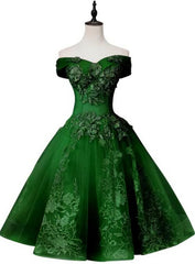 Formal Dress Gown, Green Off Shoulder Tea Length Party Dress With Lace Green Formal Dress
