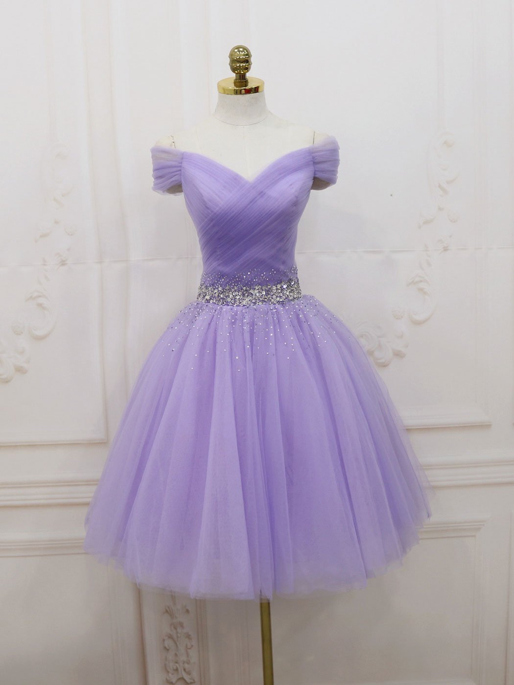 Homecoming Dresses Fitted, Purple Off Shoulder Tulle Sequin Prom Dress, Purple Homecoming Dress