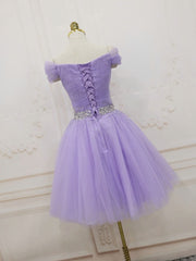 Homecomming Dresses Fitted, Purple Off Shoulder Tulle Sequin Prom Dress, Purple Homecoming Dress