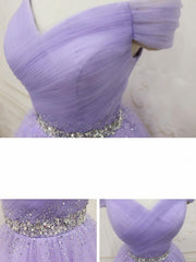 Homecoming Dress Tight, Purple Off Shoulder Tulle Sequin Prom Dress, Purple Homecoming Dress