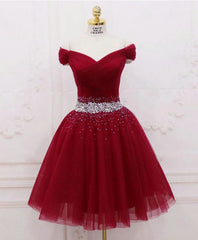 Formal Dressed Long, Burgundy Tulle Sequin Short Prom Dress, Burgundy Homecoming Dress, 1