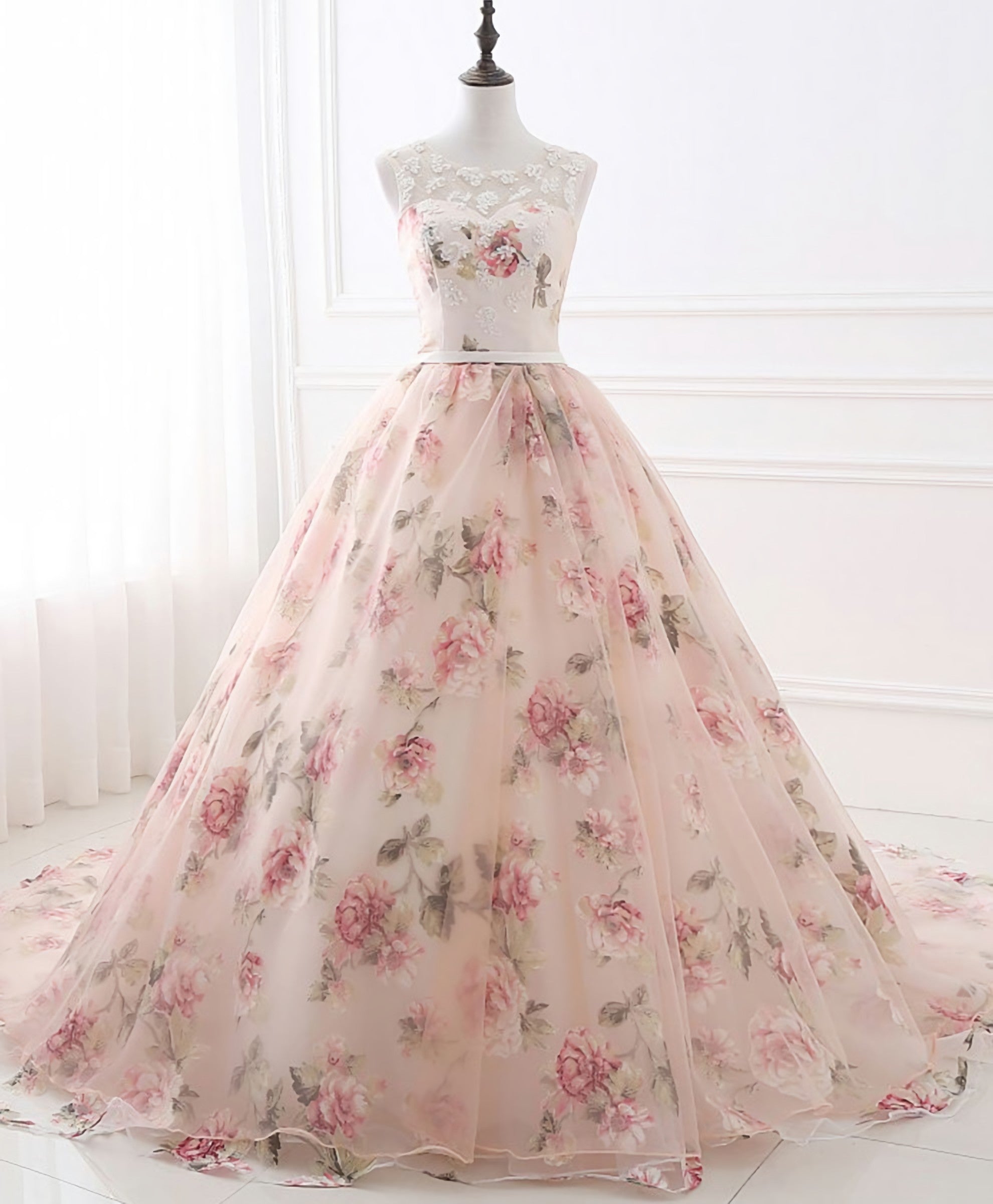 Homecoming Dress 2033, Pink Round Neck Tulle Lace Long Prom Dress, Pink Long Evening Gown