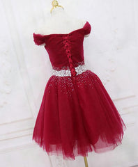 Formal Dress Long, Burgundy Tulle Sequin Short Prom Dress, Burgundy Homecoming Dress, 1