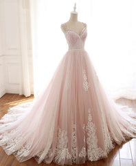 Homecoming Dresses Freshman, Pink Sweetheart Lace Tulle Long Prom Dress, Lace Pink Evening Dress