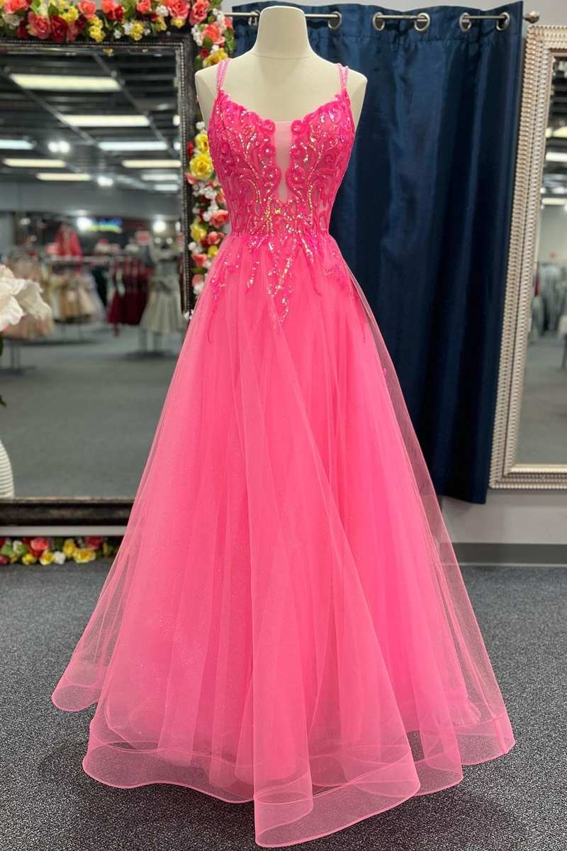 Floral Prom Dress, Hot Pink Tulle Appliques Lace-Up A-Line Long Prom Dress