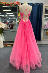 Emerald Green Prom Dress, Hot Pink Tulle Appliques Lace-Up A-Line Long Prom Dress