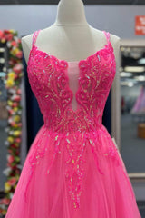 Fairy Dress, Hot Pink Tulle Appliques Lace-Up A-Line Long Prom Dress