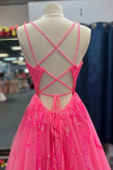 Yellow Dress, Hot Pink Tulle Appliques Lace-Up A-Line Long Prom Dress