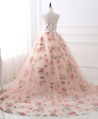 Homecoming Dresses Formal, Pink Round Neck Tulle Lace Long Prom Dress, Pink Long Evening Gown