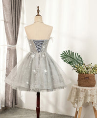 Evening Dresses With Sleeves, Gray Sweetheart Lace Tulle Short Prom Dress, Gray Cocktail Dress