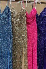 Bridesmaid Dress Satin, Mermaid Sequins Flattering Long Prom Party Dresses With Slit