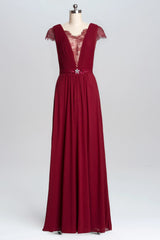 Homecoming Dress Elegant, Wine Red A-line Chiffon Long Bridesmaid Dress with Cap Sleeves