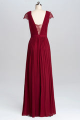 Homecoming Dresses Elegant, Wine Red A-line Chiffon Long Bridesmaid Dress with Cap Sleeves