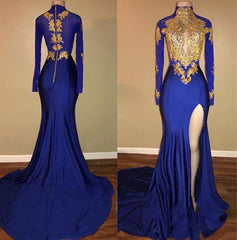 Bridesmaid Dress Inspo, Charming African Royal Blue Side Slit Sheath Long Sleeves Prom Dresses