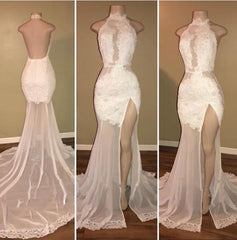 Bridesmaid Dresses Color Schemes, New Arrival Sheath White High Neck Side Slit Lace Backless See Through African Prom Dresses